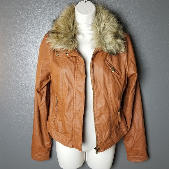 NWT Wet Seal Fur Lined Collar Tan Leather Jacket - Picture 2 of 6